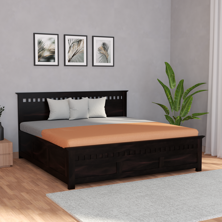 Florestawud Solid Sheesham Wood King Size Bed with Storage – Walnut Finish