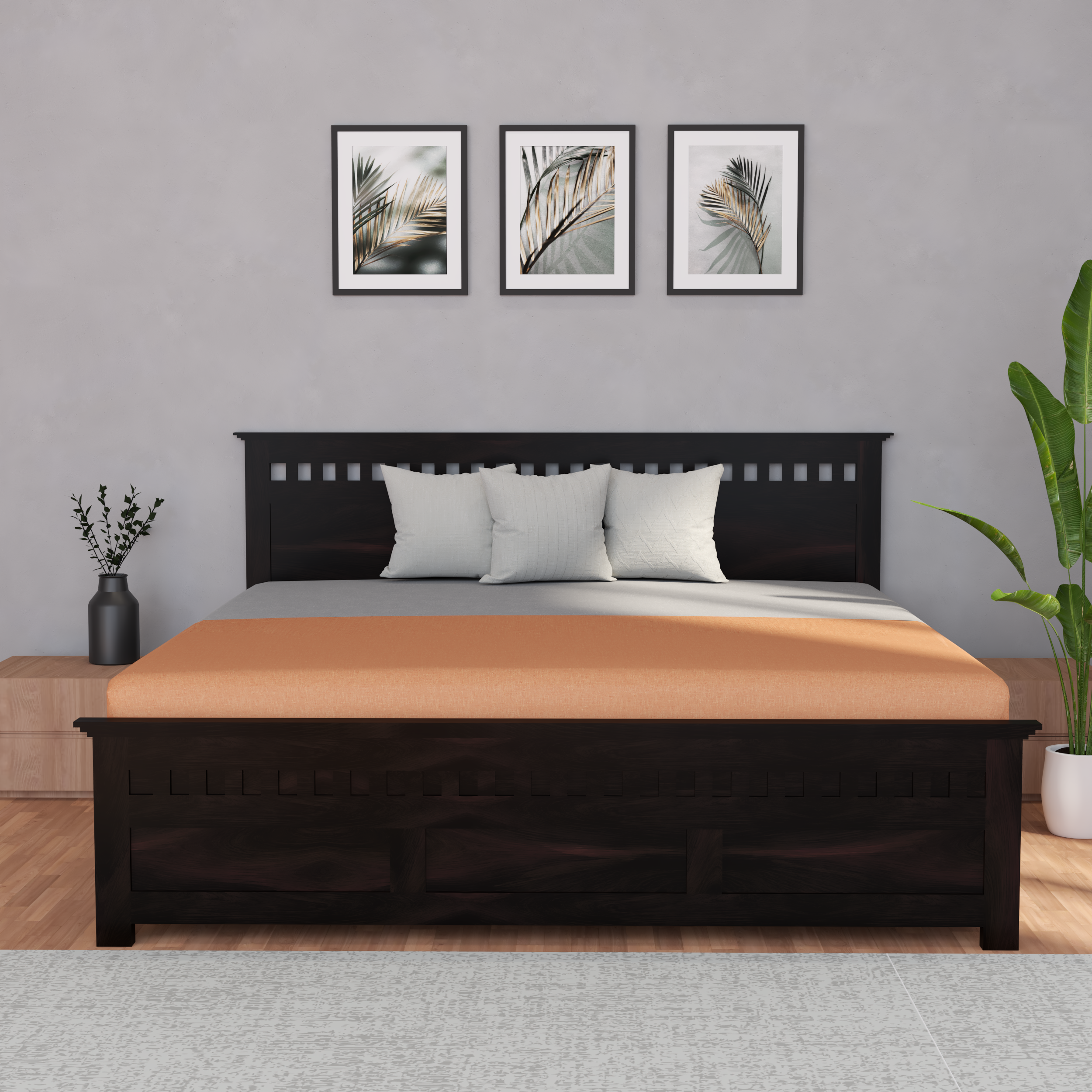 Florestawud Solid Sheesham Wood King Size Bed with Storage – Walnut Finish