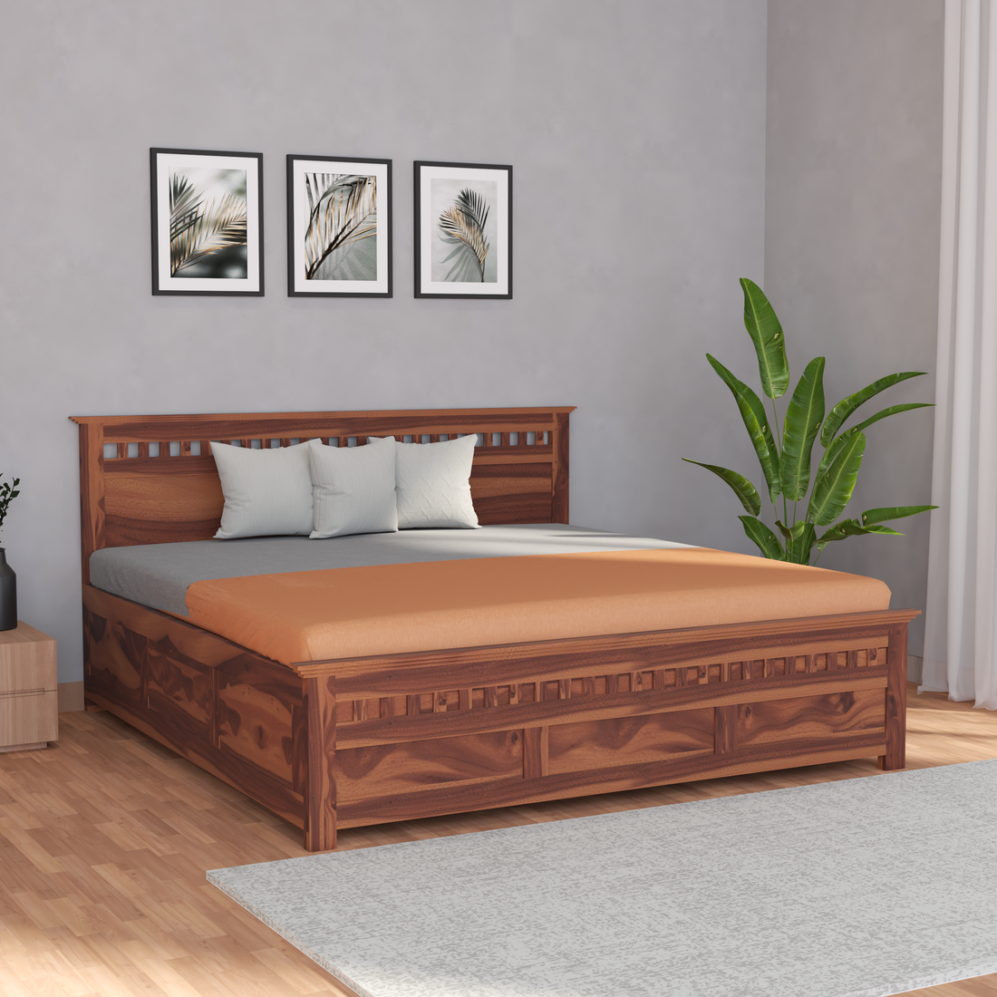 Florestawud Solid Sheesham Wood King Size Bed with Storage – Honey Finish
