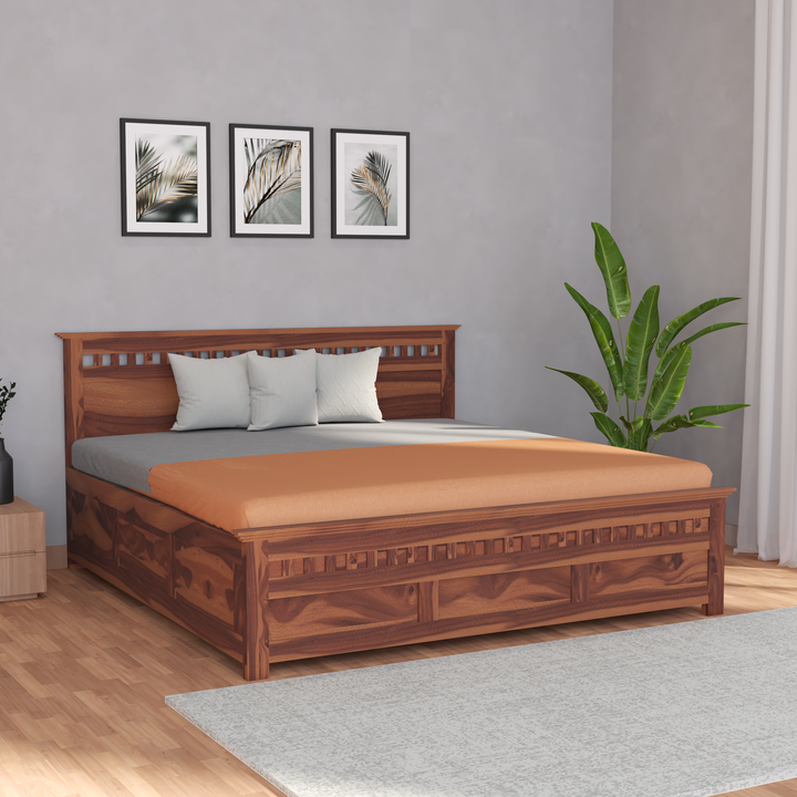 Florestawud Solid Sheesham Wood King Size Bed with Storage – Honey Finish