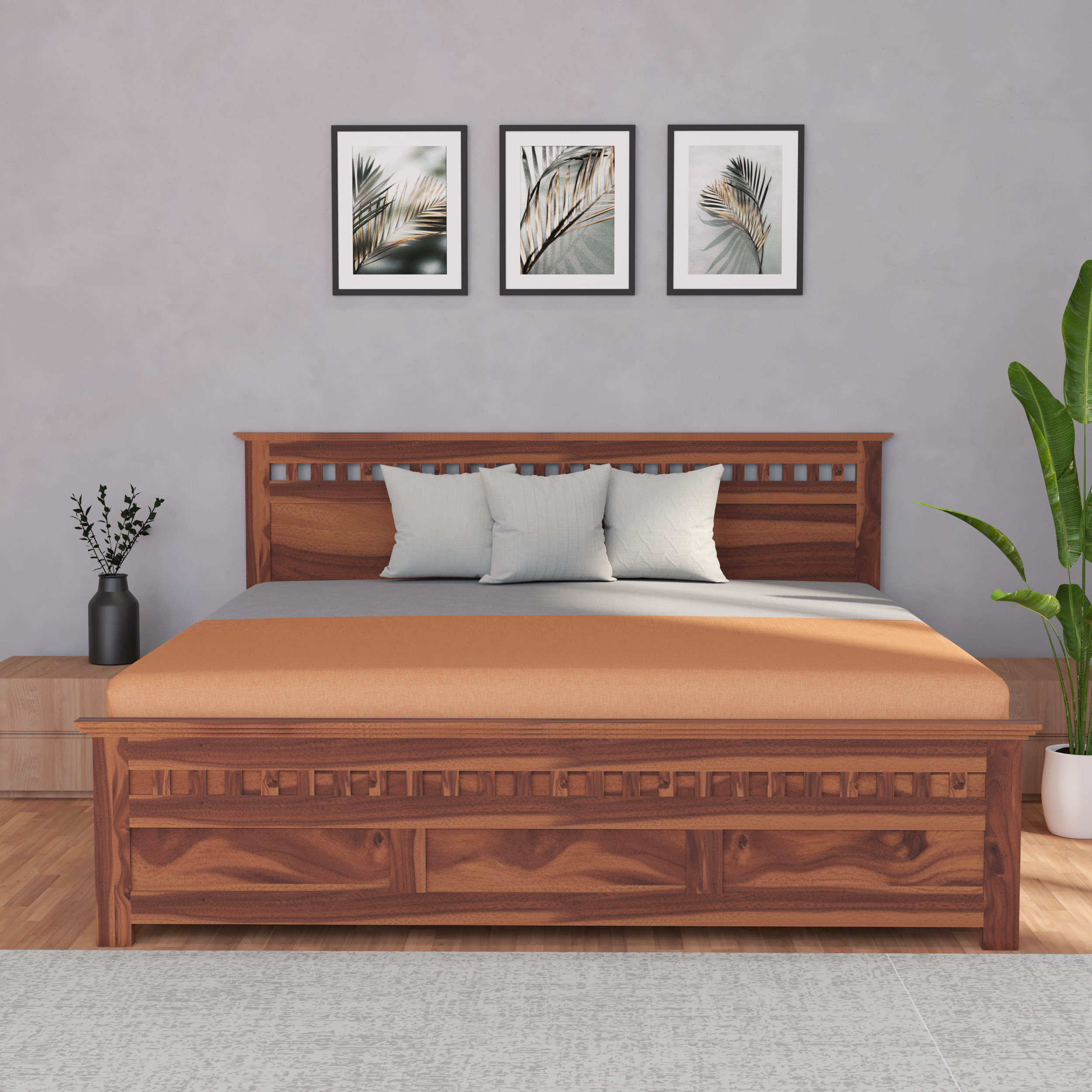 Florestawud Solid Sheesham Wood King Size Bed with Storage – Honey Finish