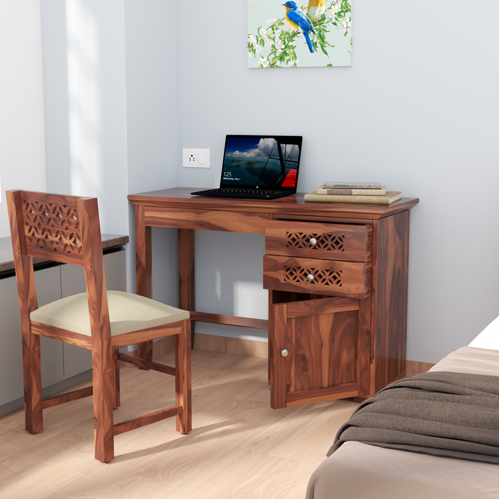 Florestawud Solid Sheesham Wood Study Table with Chair in Honey Finish featuring two drawers, storage cabinet, and spacious desktop