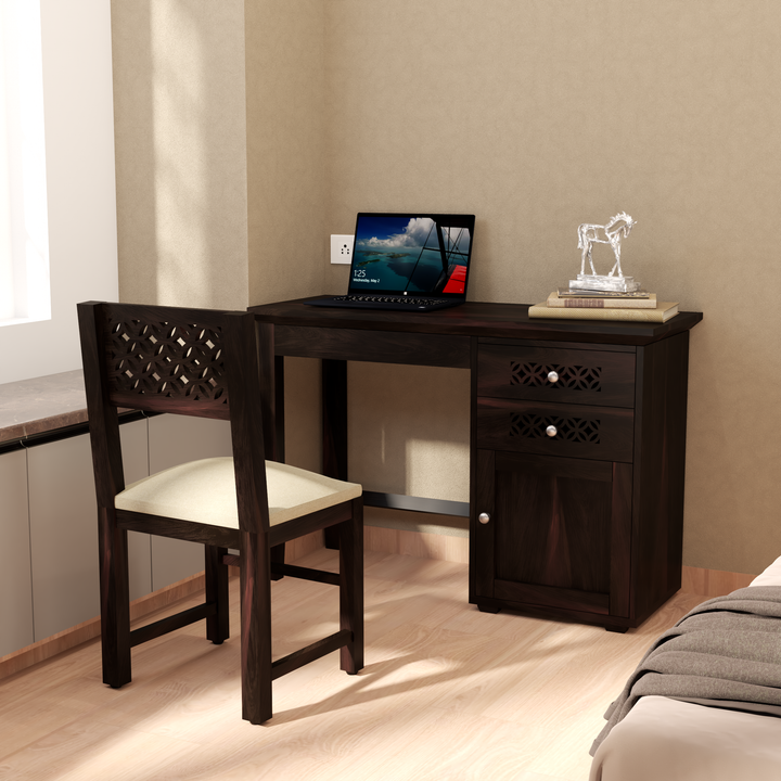 Florestawud Solid Sheesham Wood Study Table with Chair in Walnut Finish featuring two drawers, storage cabinet, and spacious desktop