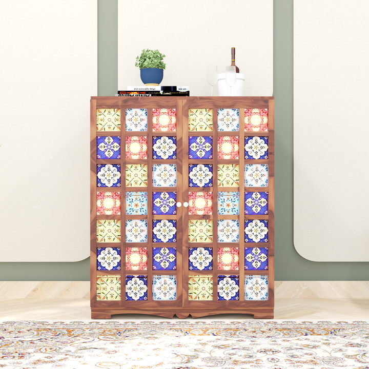 Florestawud Solid Sheesham Wood Bar Cabinet in Honey Finish with handcrafted multicolor tile design and spacious storage for bottles and glassware