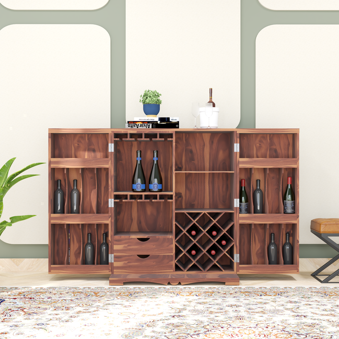 Florestawud Solid Sheesham Wood Bar Cabinet with Handcrafted Tile Design – Honey Finish