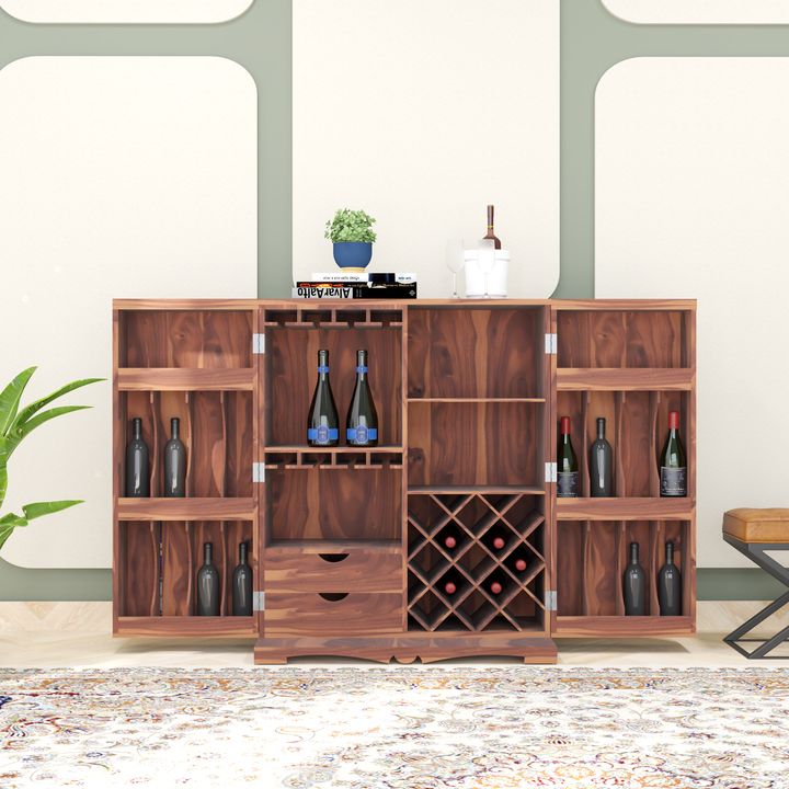 Florestawud Solid Sheesham Wood Bar Cabinet with Handcrafted Tile Design – Honey Finish