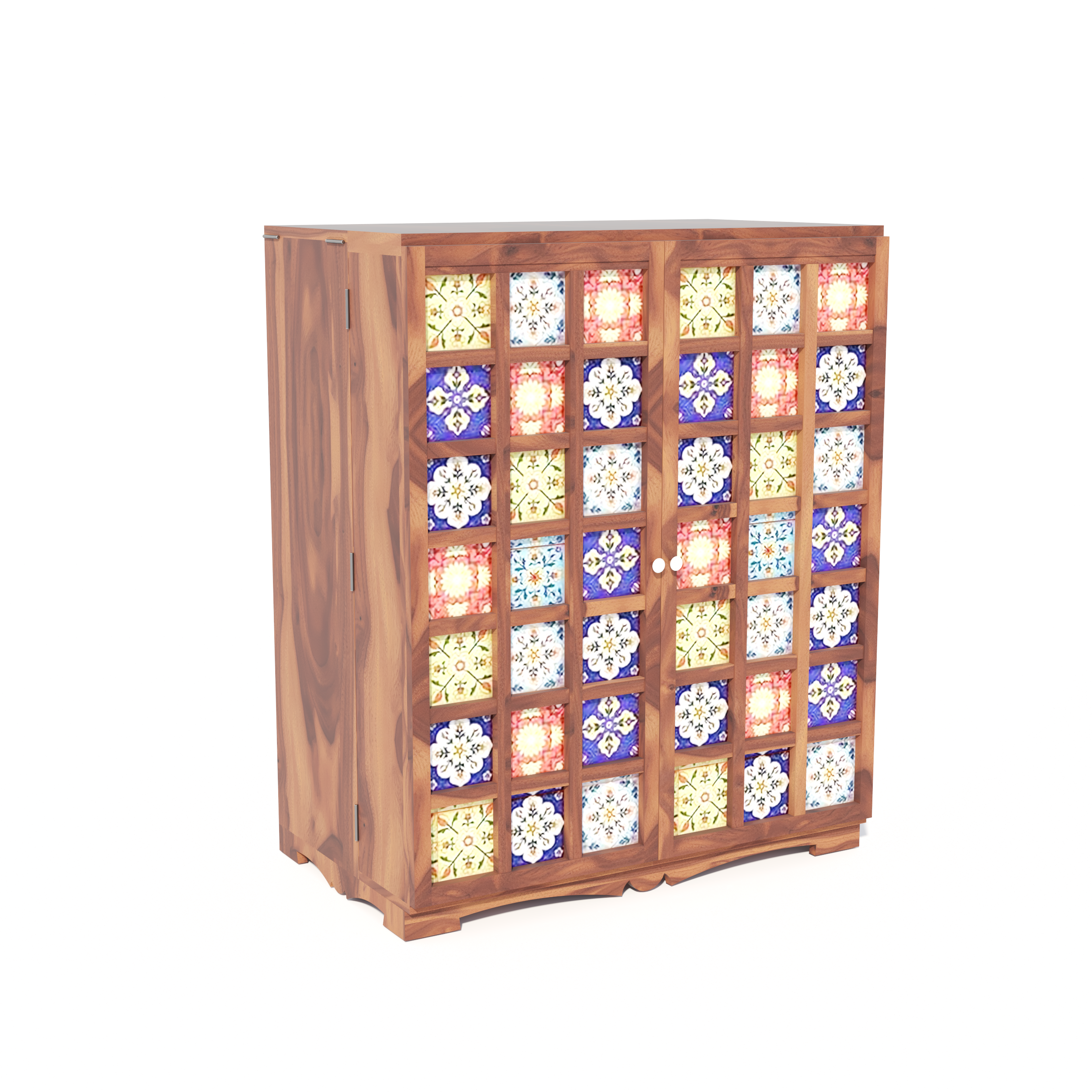 Florestawud Solid Sheesham Wood Bar Cabinet with Handcrafted Tile Design – Honey Finish
