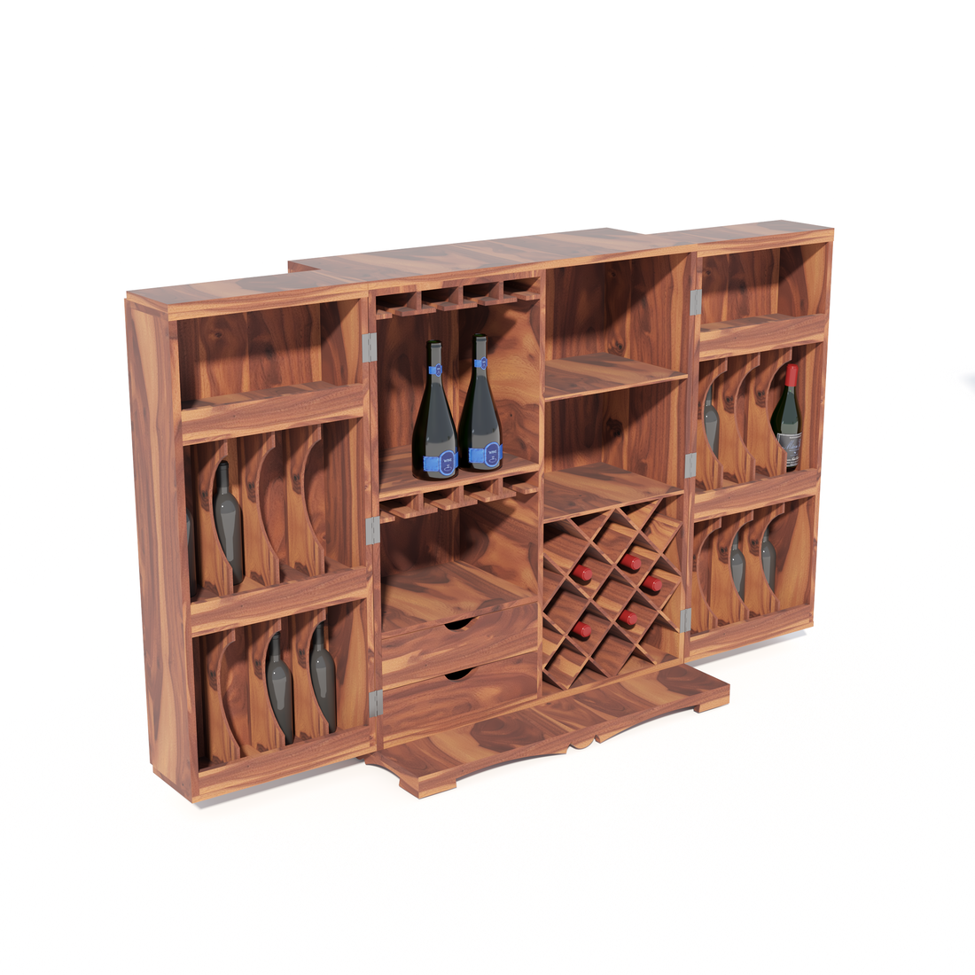 Florestawud Solid Sheesham Wood Bar Cabinet with Handcrafted Tile Design – Honey Finish