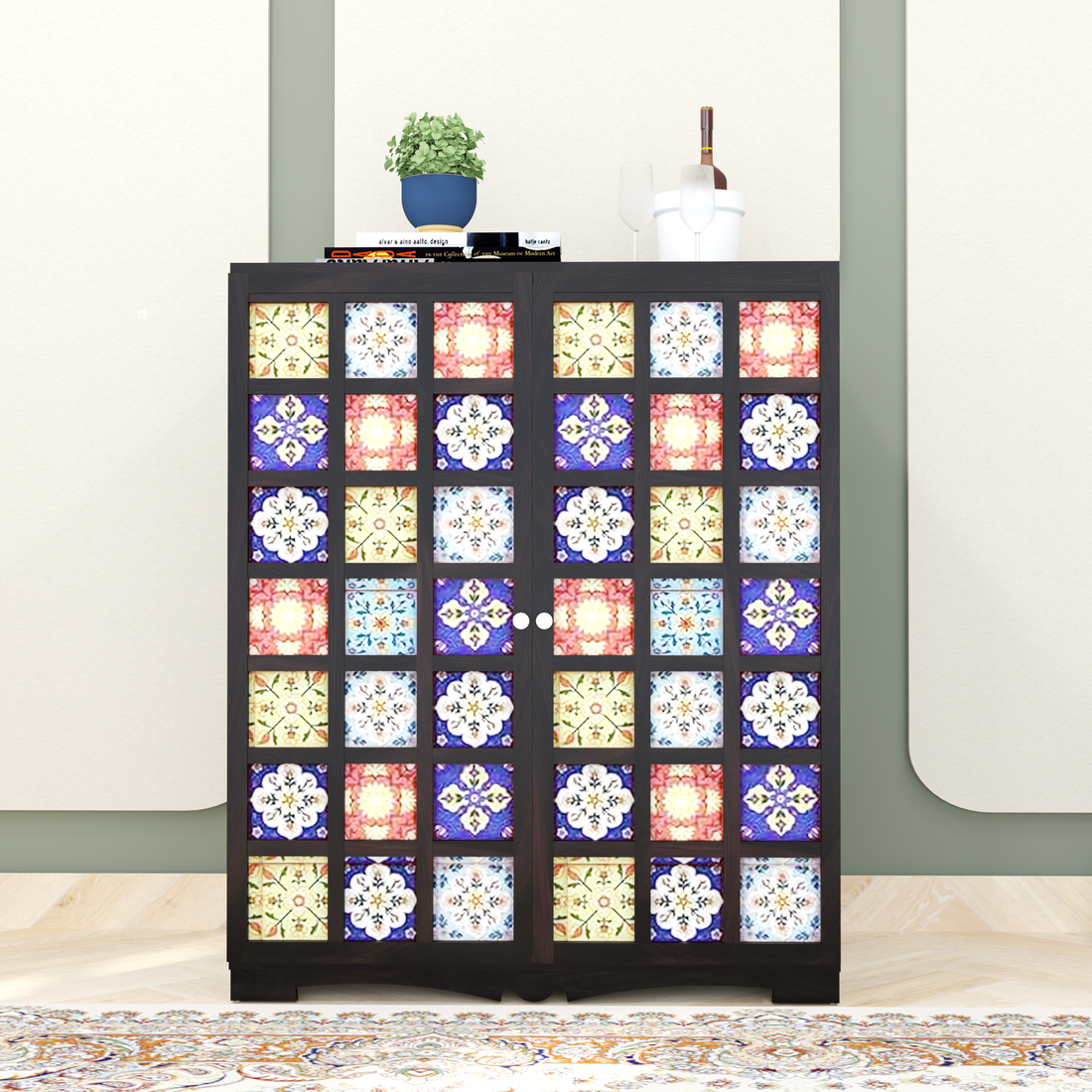 Florestawud Solid Sheesham Wood Bar Cabinet in Walnut Finish with handcrafted multicolor tile doors and spacious storage for bottles and glassware