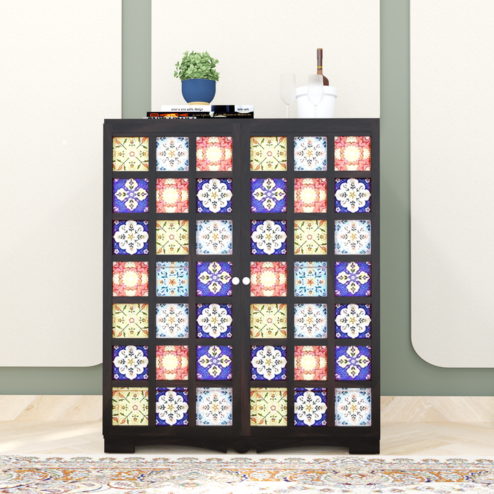 Florestawud Solid Sheesham Wood Bar Cabinet in Walnut Finish with handcrafted multicolor tile doors and spacious storage for bottles and glassware