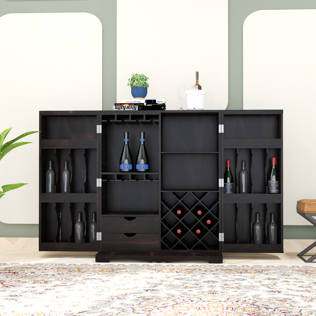 Florestawud Solid Sheesham Wood Bar Cabinet with Handcrafted Tile Design – Walnut Finish