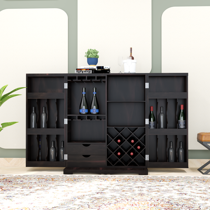 Florestawud Solid Sheesham Wood Bar Cabinet with Handcrafted Tile Design – Walnut Finish