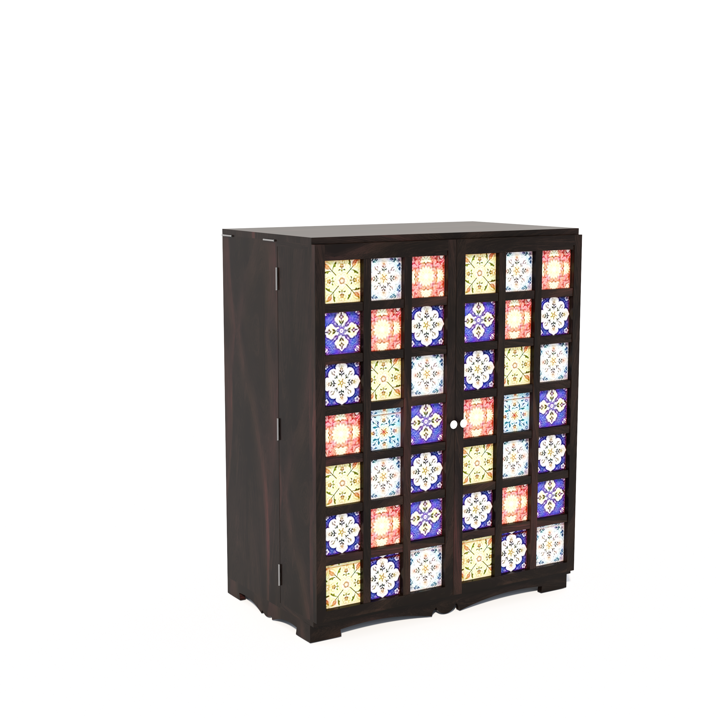 Florestawud Solid Sheesham Wood Bar Cabinet with Handcrafted Tile Design – Walnut Finish