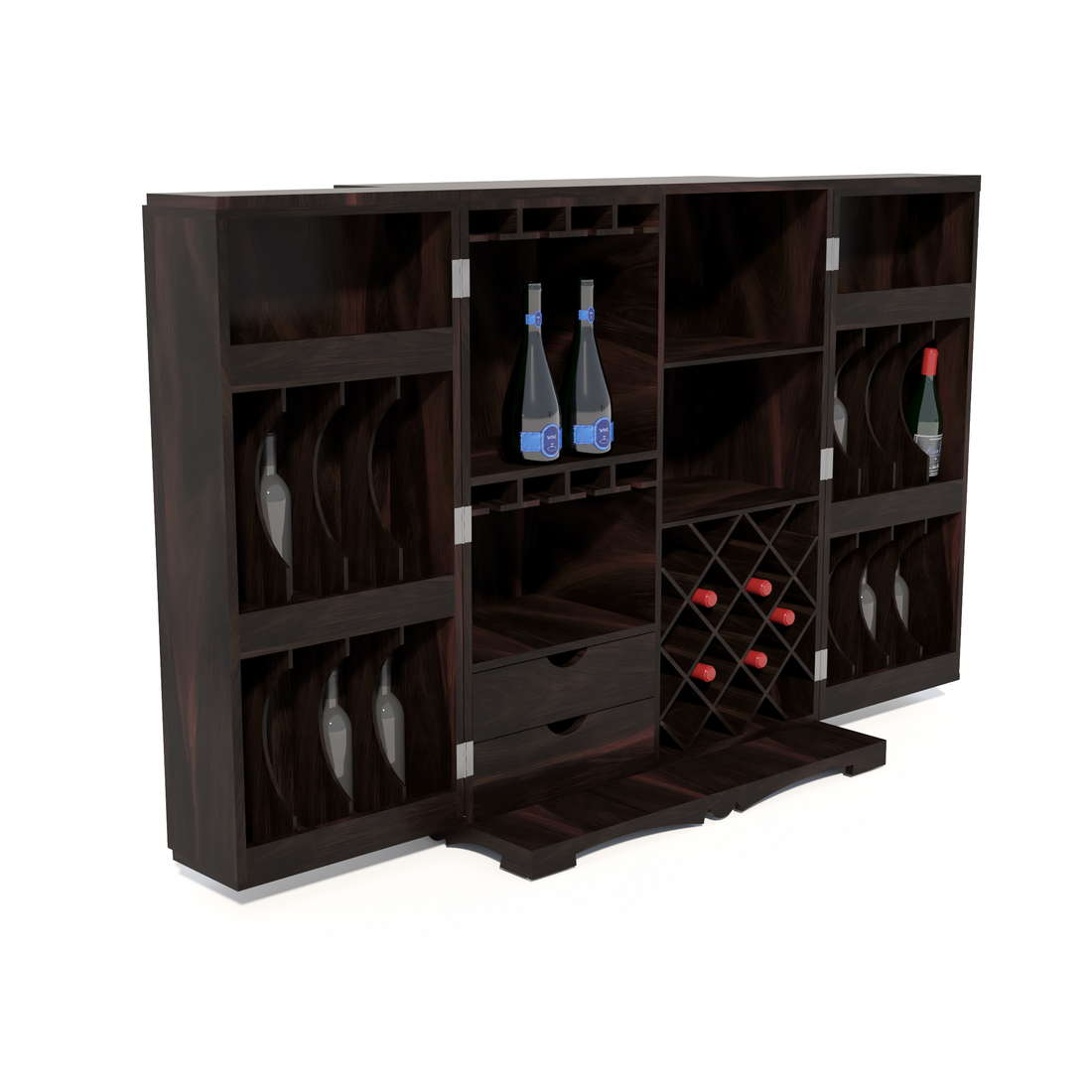 Florestawud Solid Sheesham Wood Bar Cabinet with Handcrafted Tile Design – Walnut Finish
