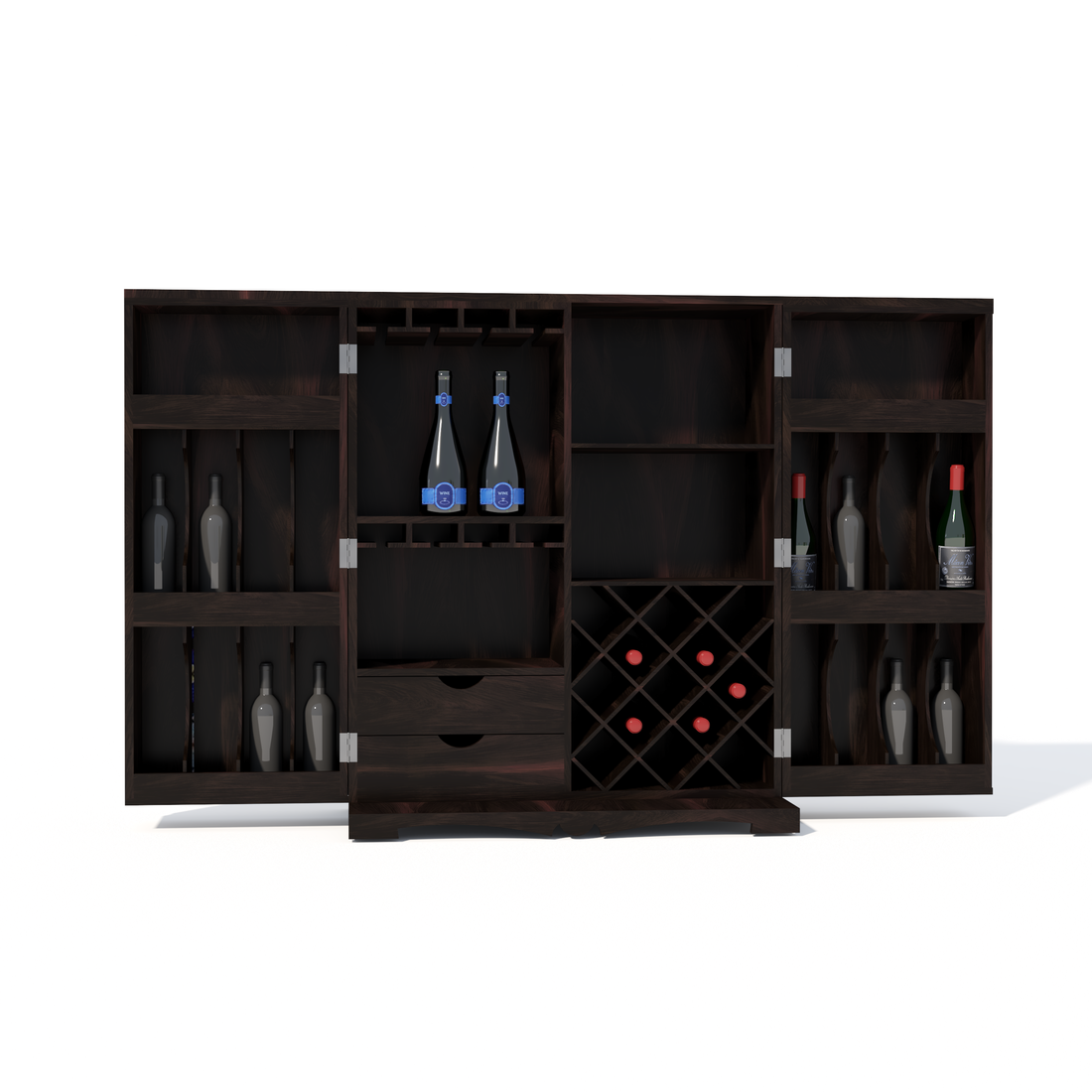 Florestawud Solid Sheesham Wood Bar Cabinet with Handcrafted Tile Design – Walnut Finish