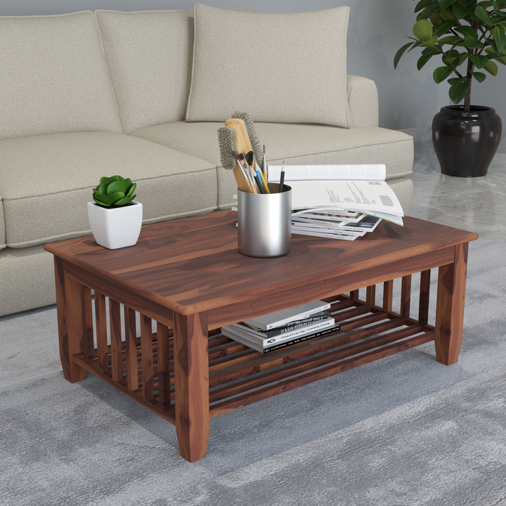 Florestawud Solid Sheesham Wood Coffee Table in Honey Finish with open bottom storage shelf for living room
