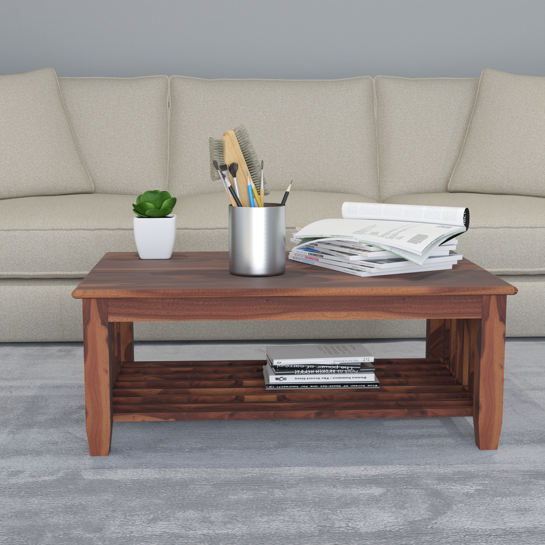 Florestawud Solid Sheesham Wood Coffee Table with Bottom Shelf – Honey Finish