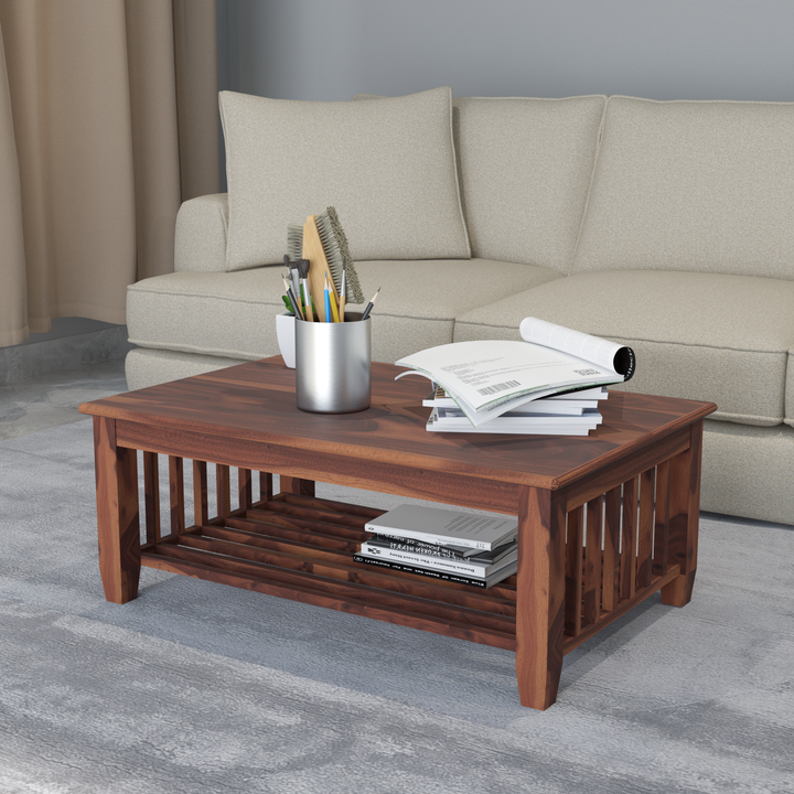 Florestawud Solid Sheesham Wood Coffee Table with Bottom Shelf – Honey Finish