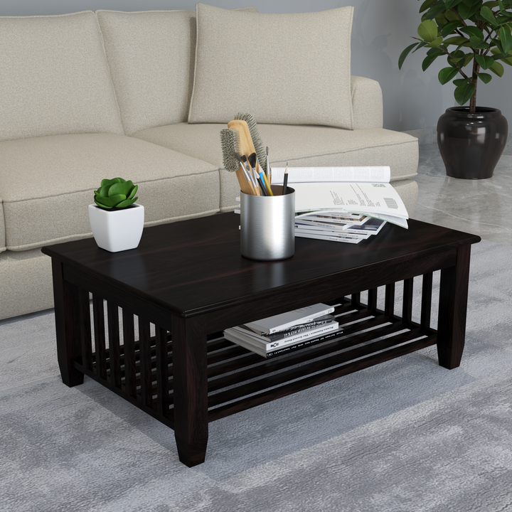 Florestawud Solid Sheesham Wood Coffee Table in Walnut Finish with open bottom storage shelf for living room décor