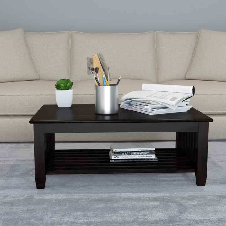 Florestawud Solid Sheesham Wood Coffee Table with Bottom Shelf – Walnut Finish