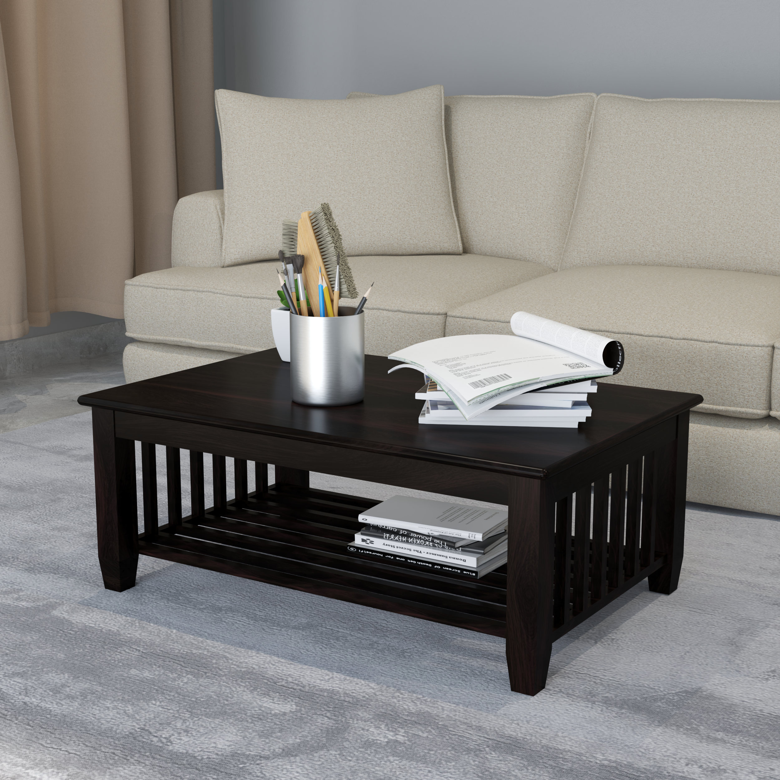 Florestawud Solid Sheesham Wood Coffee Table with Bottom Shelf – Walnut Finish