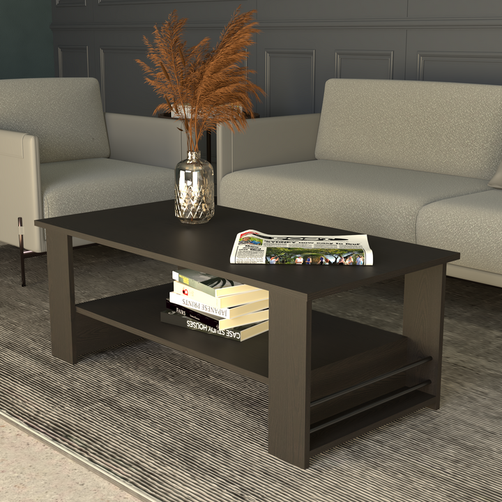 Florestawud Engineered Wood Coffee Table in Wenge Finish with open storage shelf and modern side metal rod design for living room