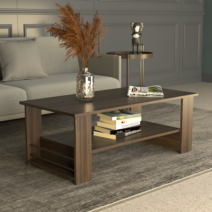 Florestawud Engineered Wood Coffee Table with Open Storage Shelf – Brown Finish