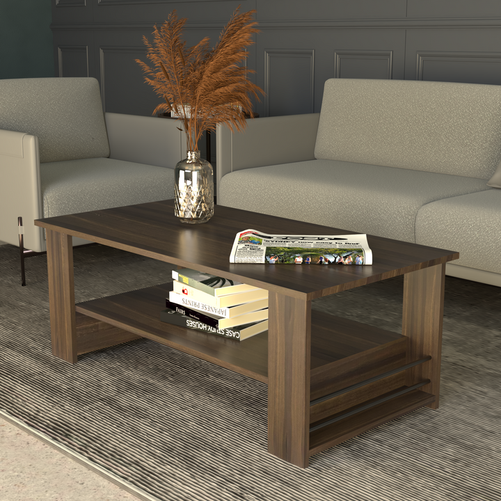 Florestawud Engineered Wood Coffee Table in Brown Finish with open storage shelf and modern side metal rod design for living room