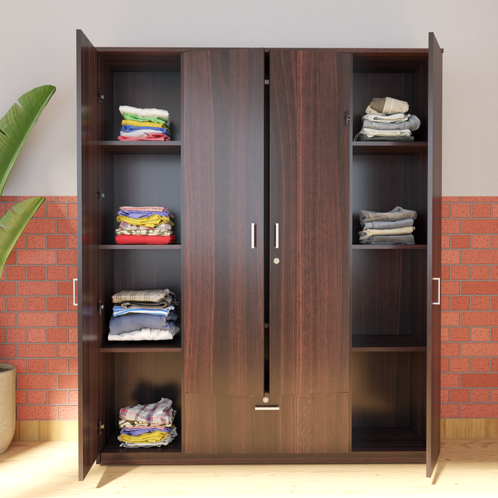 Florestawud 4 Door Engineered Wood Wardrobe in Brown Finish with multiple storage shelves and center drawer for bedroom organization