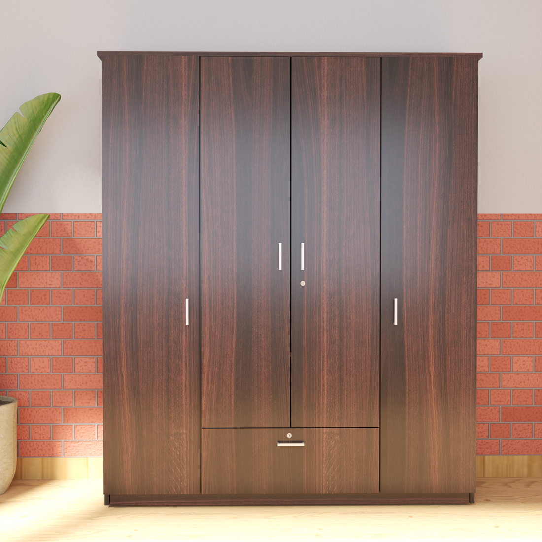 Florestawud 4 Door Engineered Wood Wardrobe with Drawer – Brown Finish