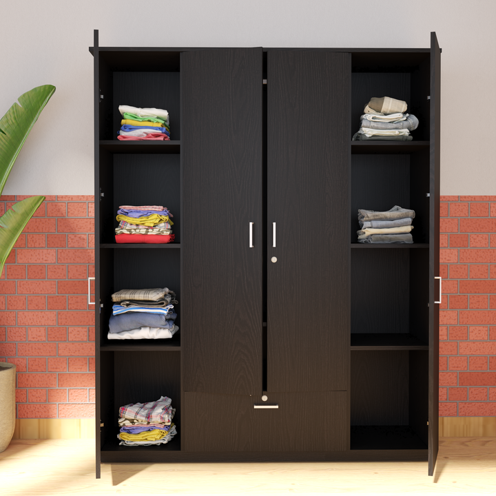 Florestawud 4 Door Engineered Wood Wardrobe in Wenge Finish with multiple storage shelves and center drawer for bedroom organization