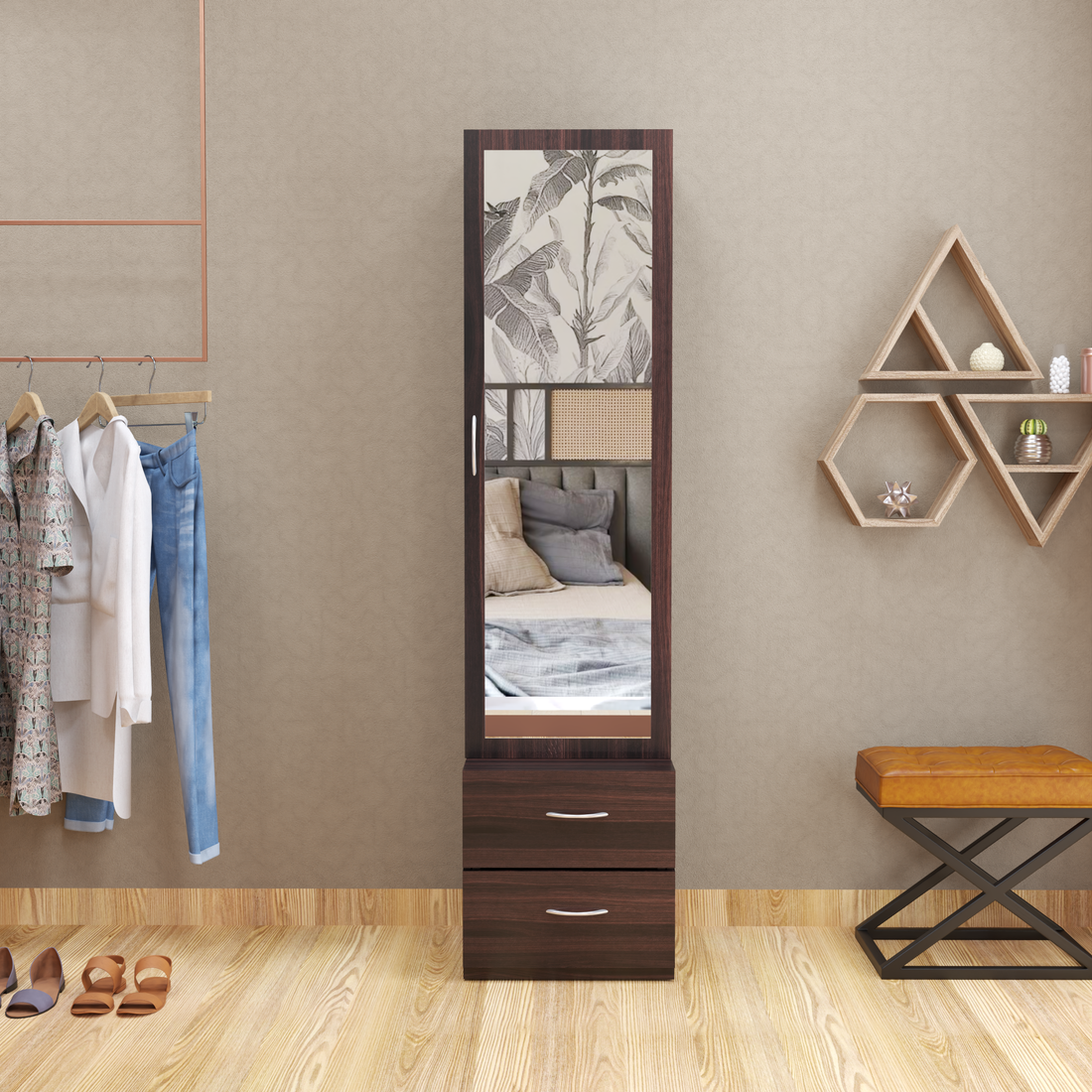 Florestawud Engineered Wood Dressing Table in Brown Finish with full-length mirror and two spacious storage drawers