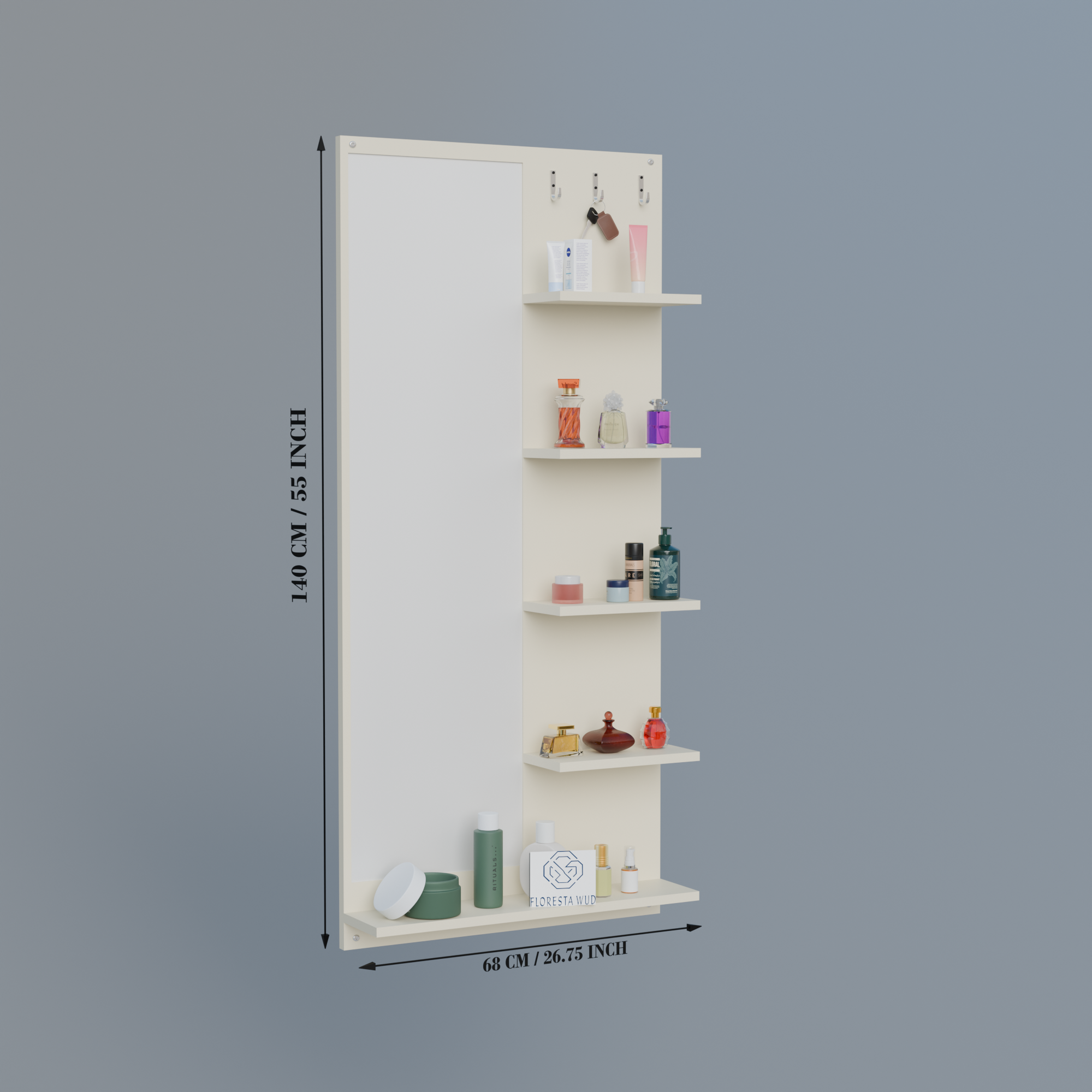 Florestawud Engineered Wood Wall Mounted Dressing Mirror with Shelves & Hooks – White Finish