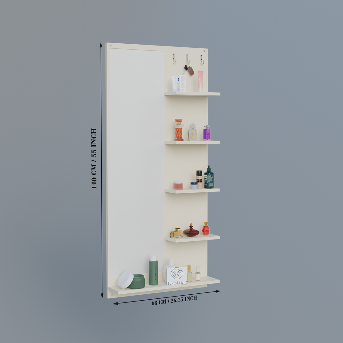 Florestawud Engineered Wood Wall Mounted Dressing Mirror with Shelves & Hooks – White Finish