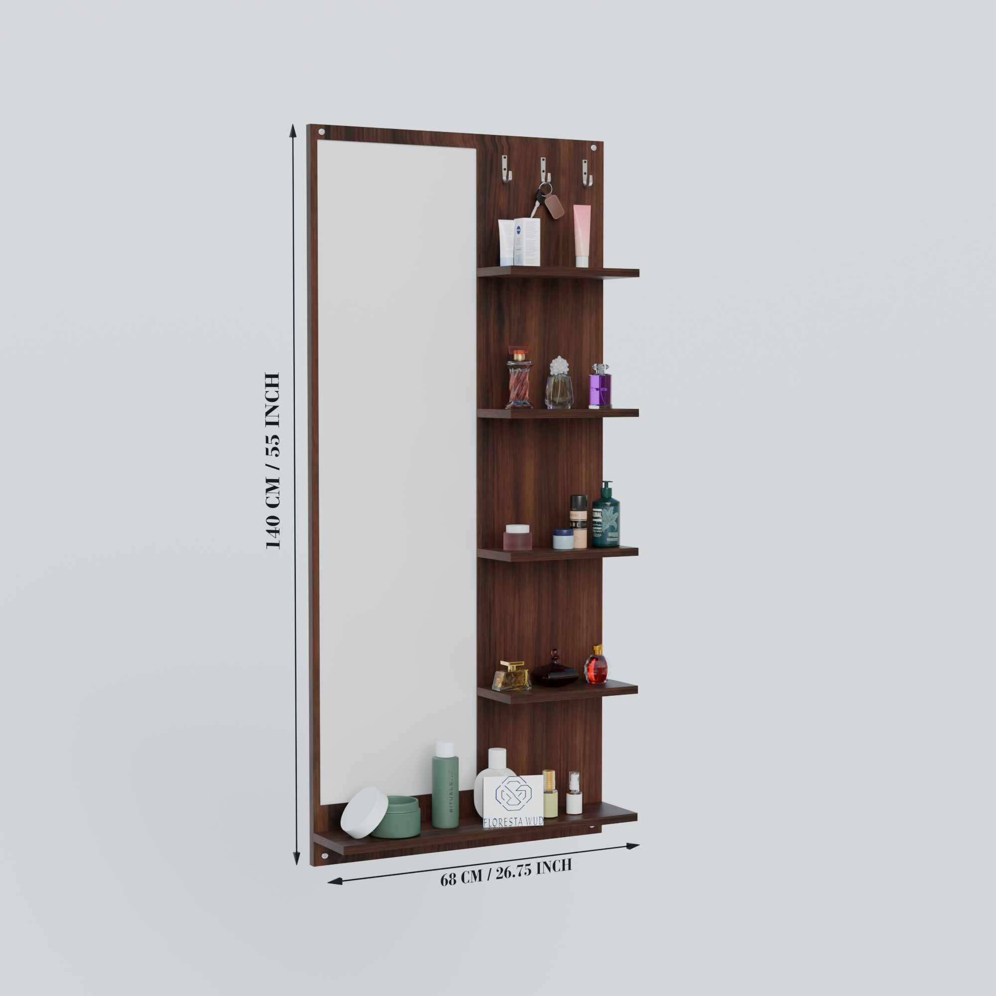 Florestawud Engineered Wood Wall Mounted Dressing Mirror with Shelves & Hooks – Brown Finish