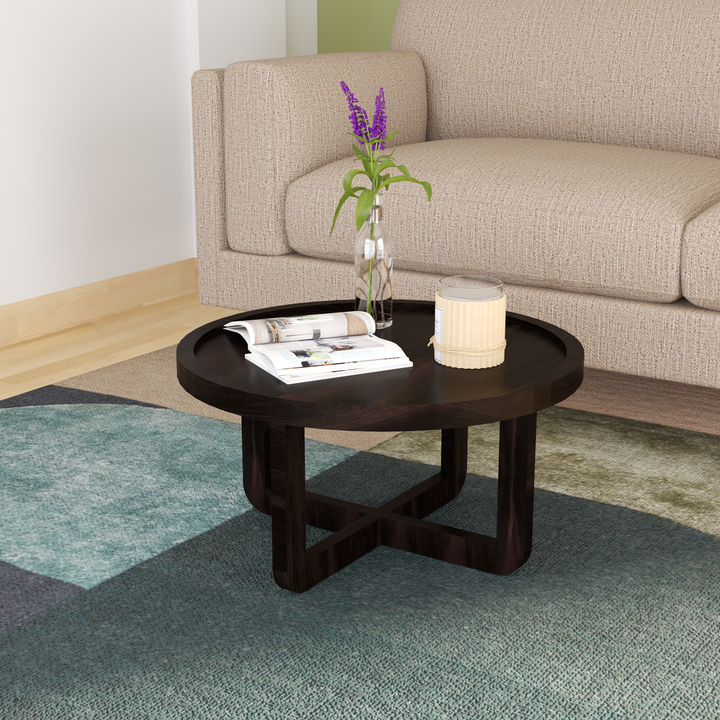 Florestawud Solid Sheesham Wood Round Coffee Table in Walnut Finish with sturdy cross-base design for modern living room