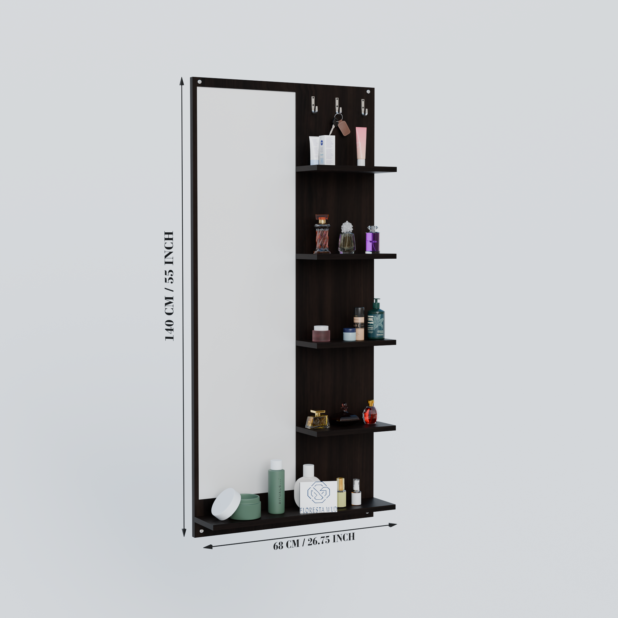 Florestawud Engineered Wood Wall Mounted Dressing Mirror with Shelves & Hooks – Wenge Finish