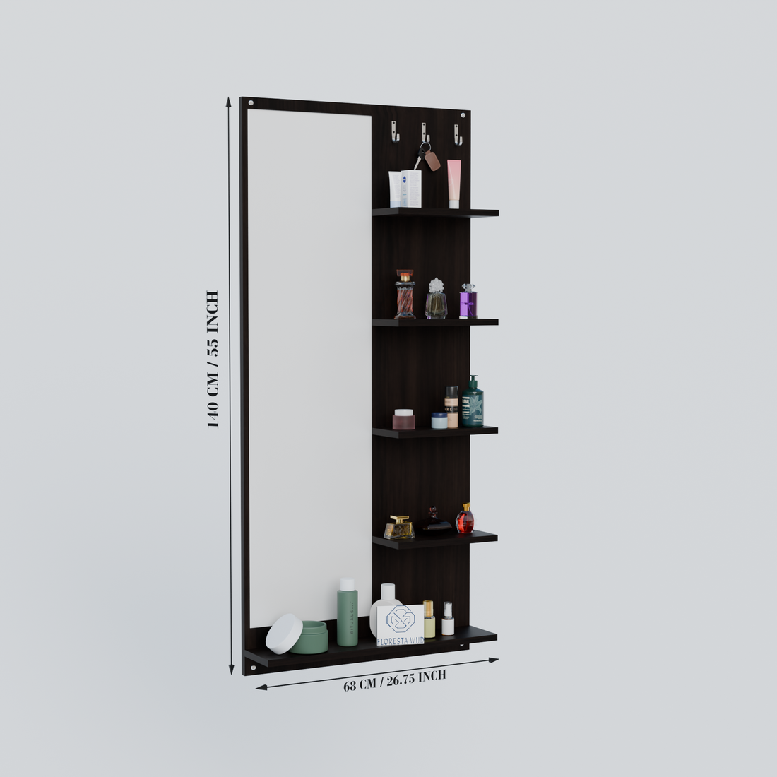 Florestawud Engineered Wood Wall Mounted Dressing Mirror with Shelves & Hooks – Wenge Finish