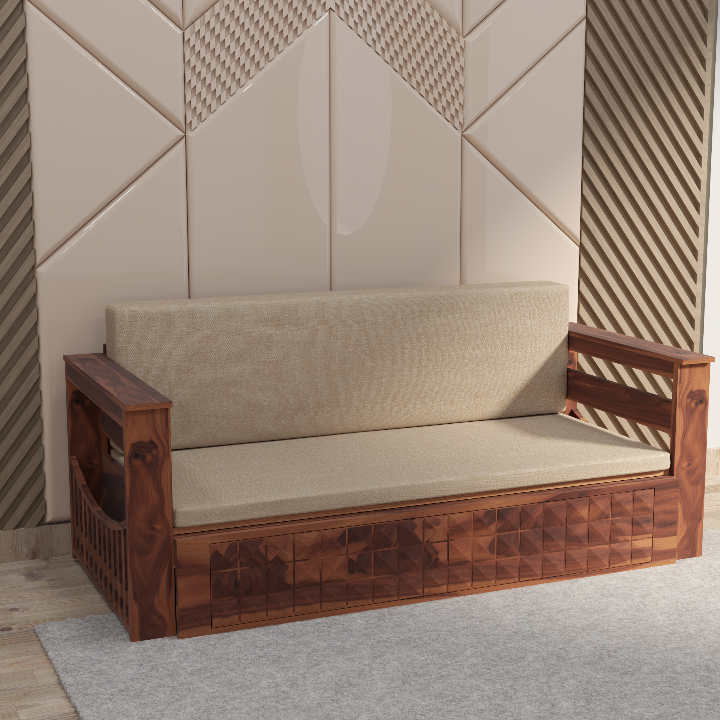 Florestawud Solid Sheesham Wood Sofa Cum Bed with Storage – Honey Finish