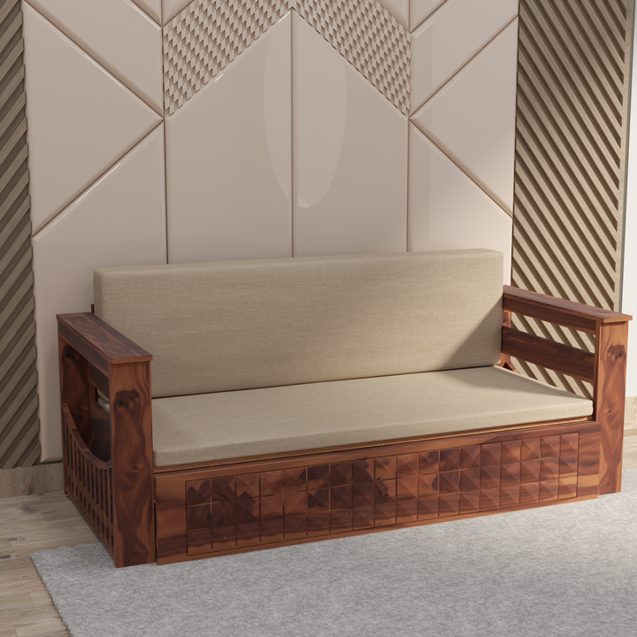 Florestawud Solid Sheesham Wood Sofa Cum Bed with Storage – Honey Finish