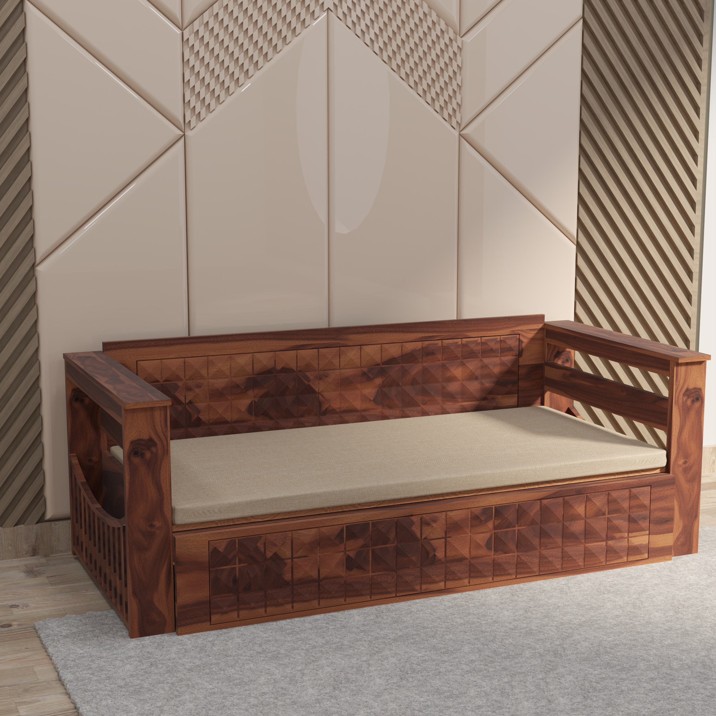 Florestawud Solid Sheesham Wood Sofa Cum Bed with Storage – Honey Finish
