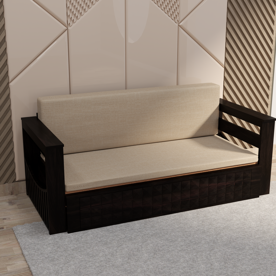 Florestawud Solid Sheesham Wood Sofa Cum Bed with Storage – Walnut Finish