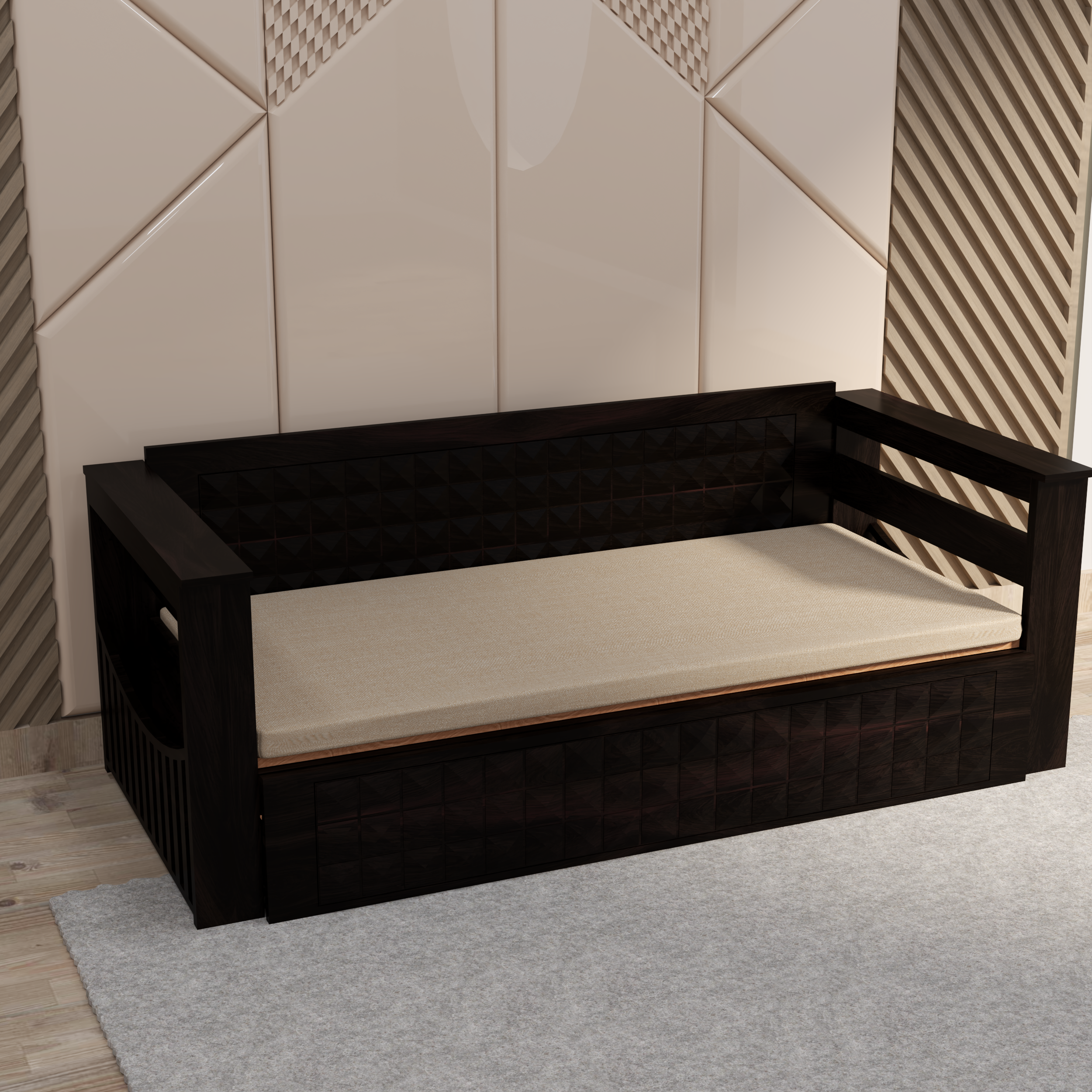Florestawud Solid Sheesham Wood Sofa Cum Bed with Storage – Walnut Finish