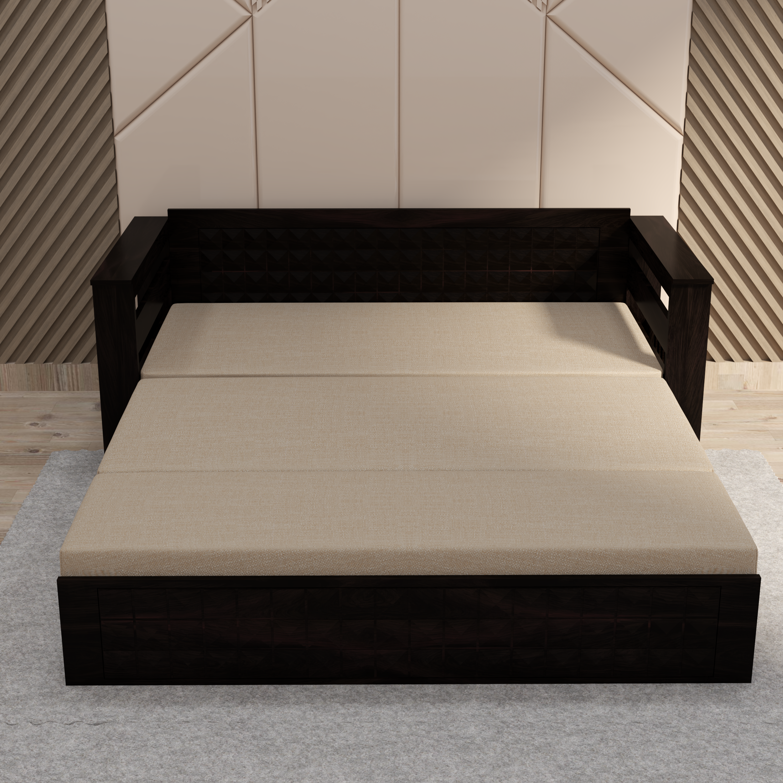 Florestawud Solid Sheesham Wood Sofa Cum Bed with Storage – Walnut Finish