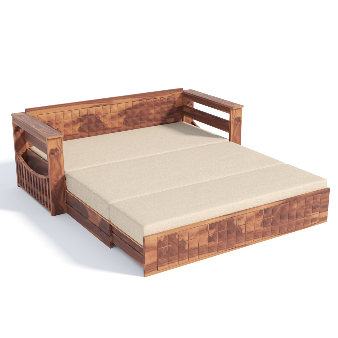 Florestawud Solid Sheesham Wood Sofa Cum Bed with Storage – Honey Finish