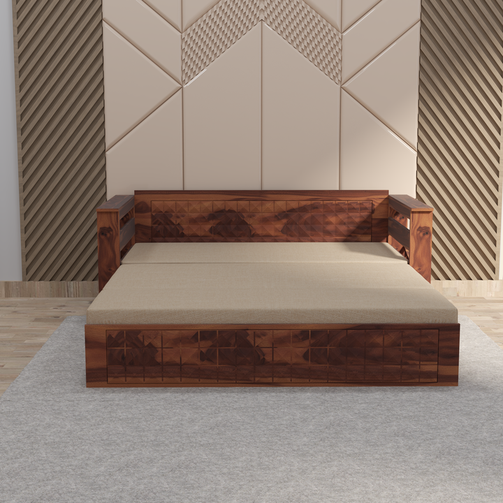 Florestawud Solid Sheesham Wood Sofa Cum Bed in Honey Finish with built-in storage and premium wooden frame for living room