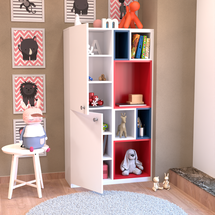 Florestawud Kids Book Storage Cabinet with multiple shelves and storage compartments in white finish for kids bedroom