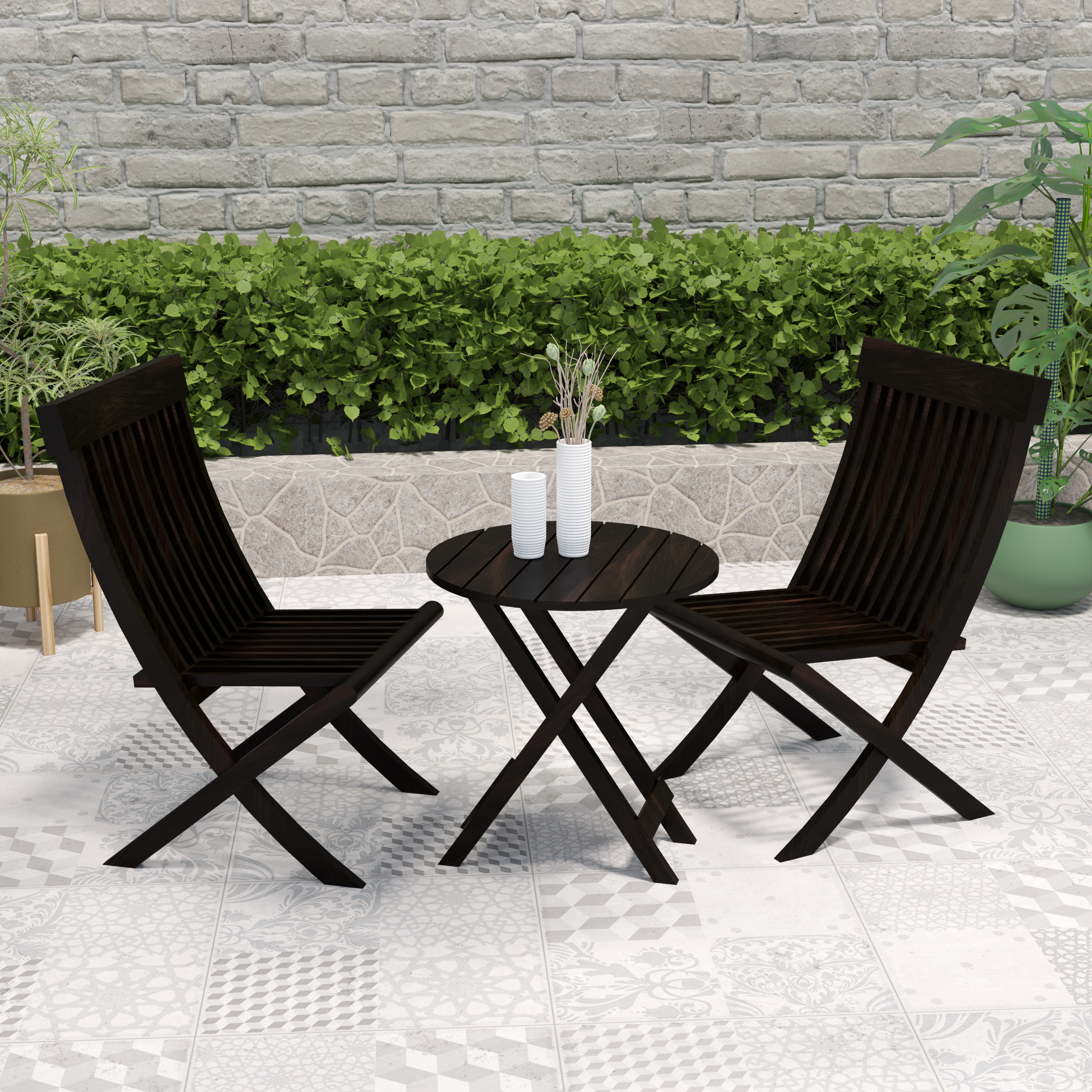Florestawud Solid Sheesham Wood Outdoor Bistro Set in walnut finish with two folding chairs and round table for patio and garden