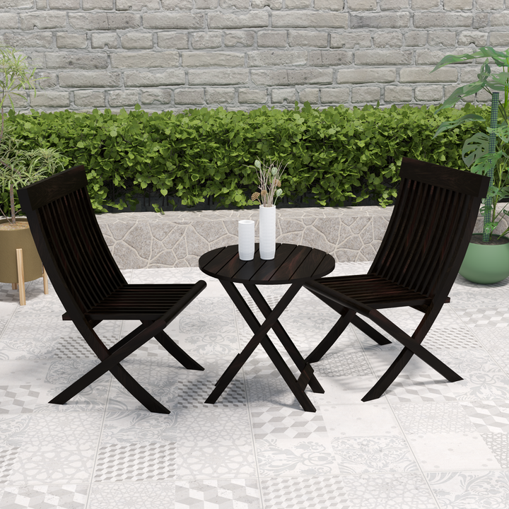 Florestawud Solid Sheesham Wood Outdoor Bistro Set in walnut finish with two folding chairs and round table for patio and garden
