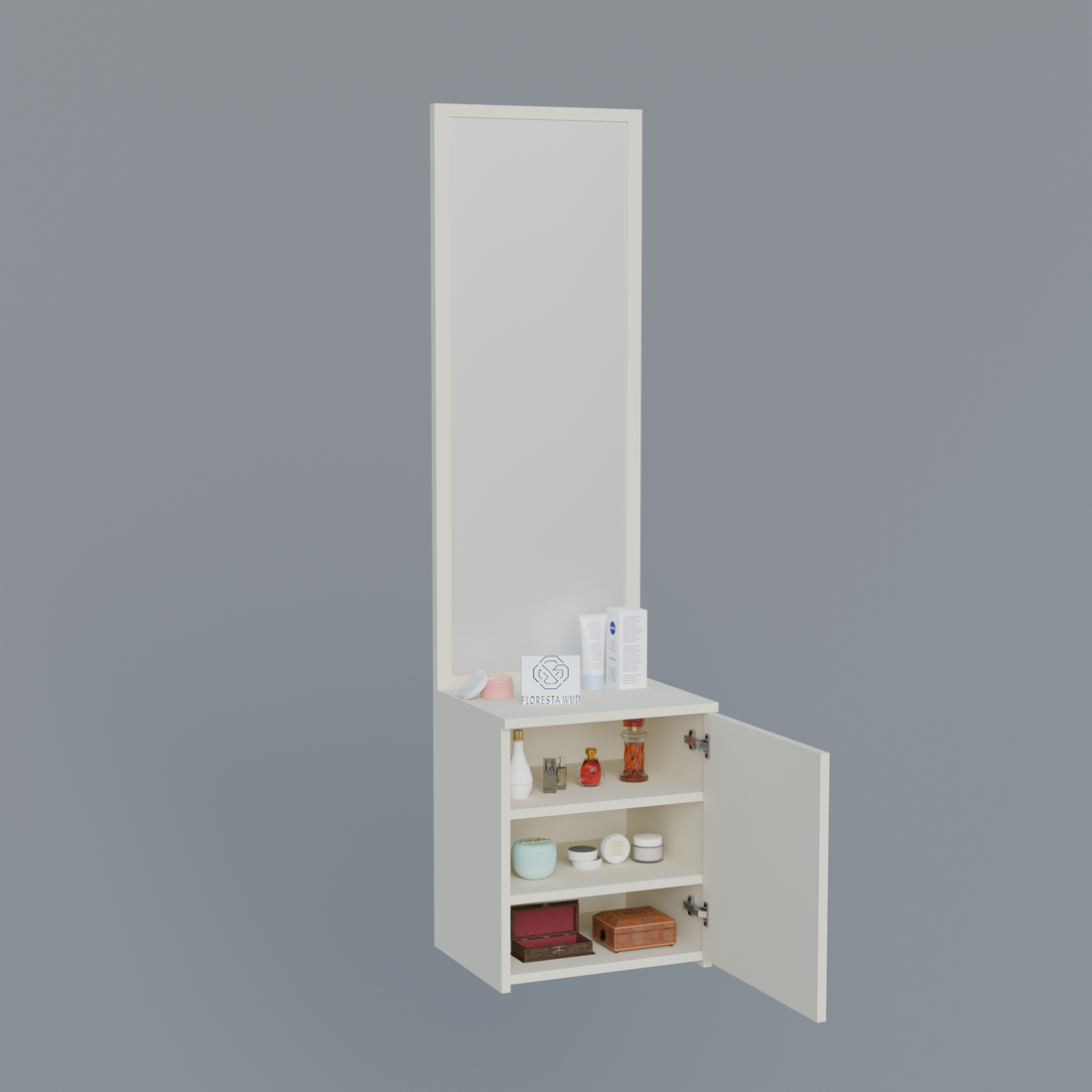 Florestawud Wooden Dressing Table with Full-Length Mirror & Storage Cabinet – White Finish